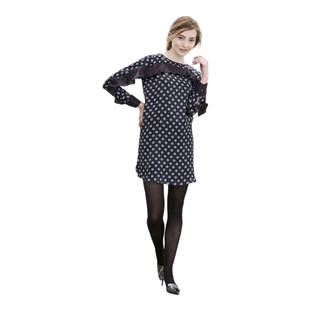 Banana Republic Silk Foulard Ruffle Shift Dress Sz 8 Navy Blue White Polka Dot